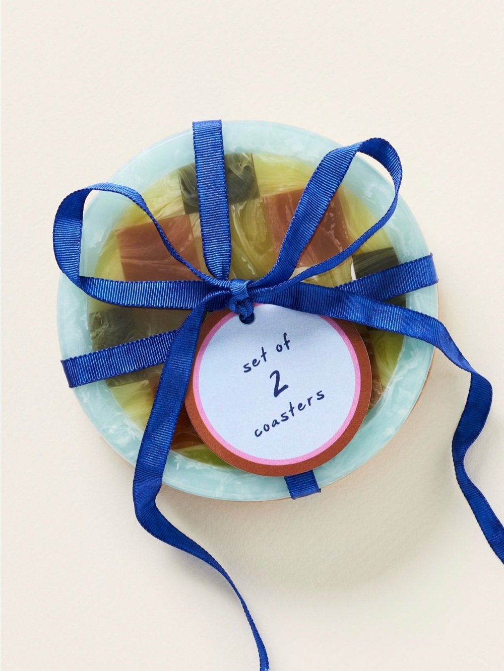 Anthropologie Blue and Green Resin Marble Coaster Set with Navy Ribbon
